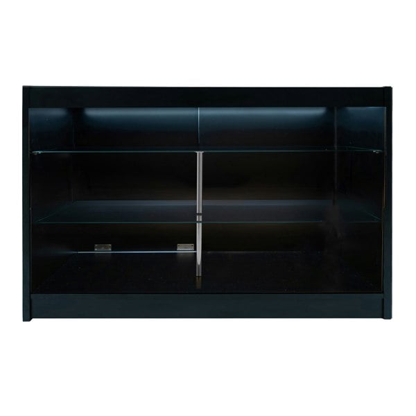 Black Aries LED shop counter set featuring sleek design, glass shelves, and illuminated interior for enhanced product display