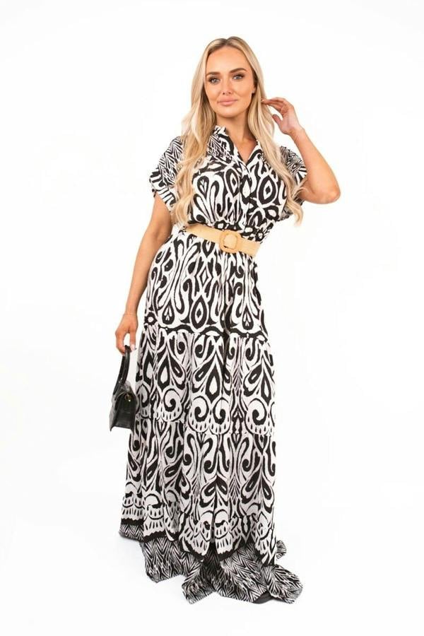 Amelina Button Down Printed Maxi Shirt Dress With Waist Detail - Black