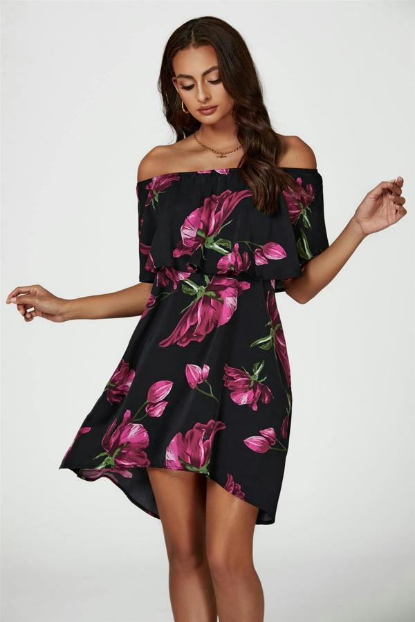 FS Collection Pink Floral Print Bardot Frill Off Shoulder Mini Dress In Black