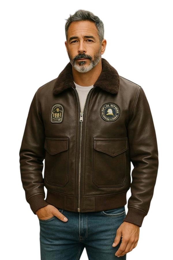 Infinity Leather Men's Leather Bomber Sheepskin Collar G-1 Aviator Jacket - Linear