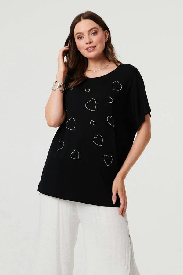 Black | Sparkly Heart Detail Relaxed T-Shirt