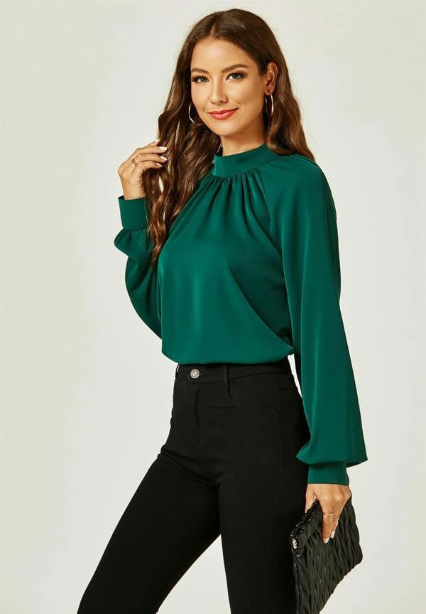FS Collection Halter Neck Long Sleeve Blouse Top In Green
