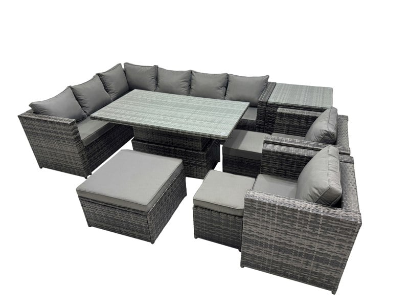 Fimous 11 seater Height Adjustable Rising Lifting Table Corner Sofa Set Rattan Garden Furniture Dining Set with 3 Stool Side Table Dark Grey Mixed