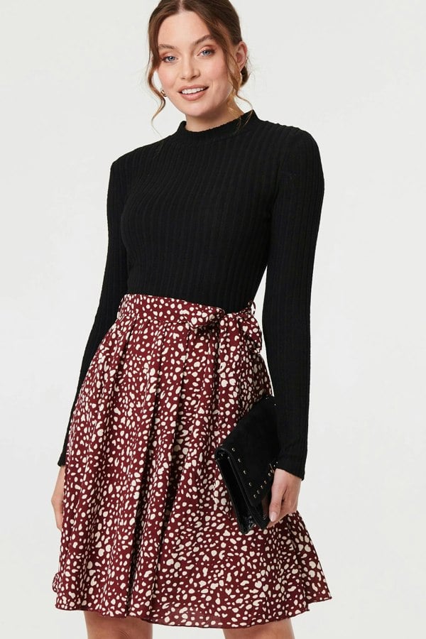 Burgundy | Printed Tie Waist Short Skater Dress
