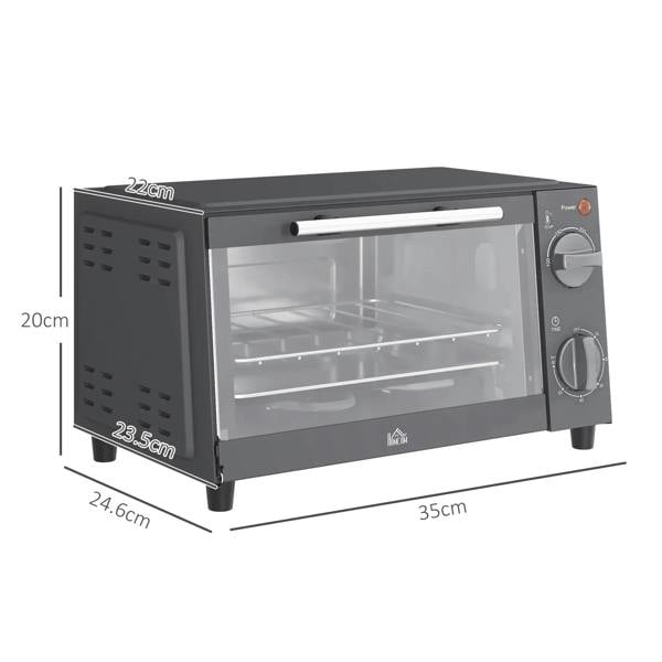 Grey countertop mini oven dimension view with glass door and two side control knobs.