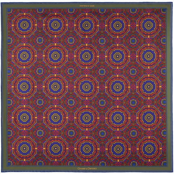 Whirligig medallion silk pocket square in red, green, blue & gold by Otway & Orford