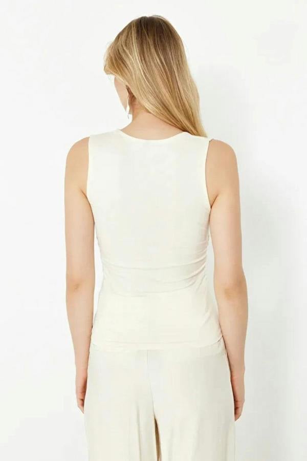 Hoxton Gal Plain Square-Neck Ruched Fitted Stretch Knit Blouse