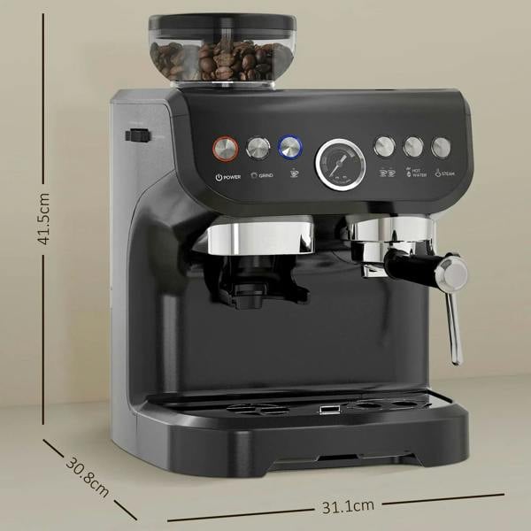 Black espresso machine front with dial controls, gauge, and steam wand