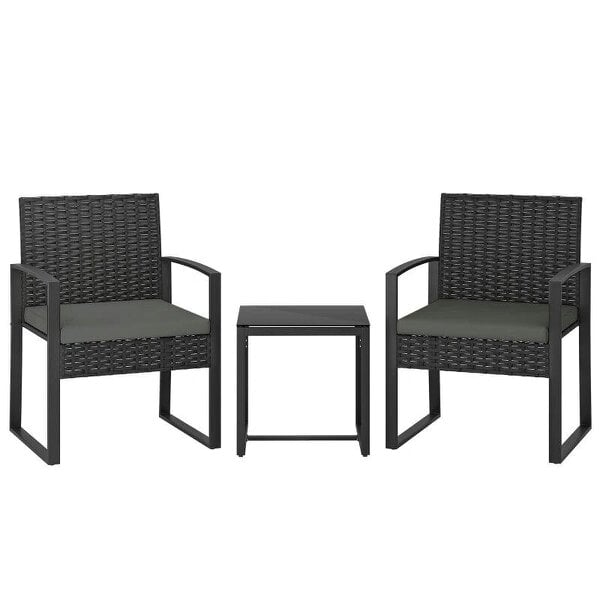 Rattan Bistro Set, 3 Piece Garden Furniture Set with Glass Top Table and Cushions, Dark Grey