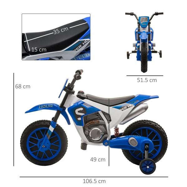 Blue and white kids electric motorcycle ride-on with side and front size views