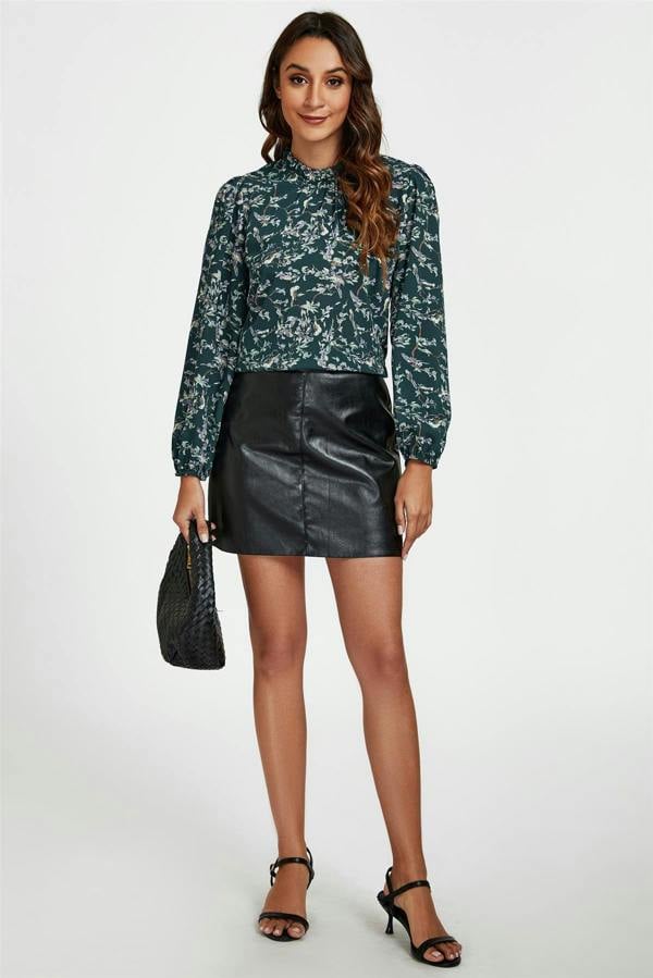 FS Collection Bird & Floral Print Frill Detail High Neck Top In Green