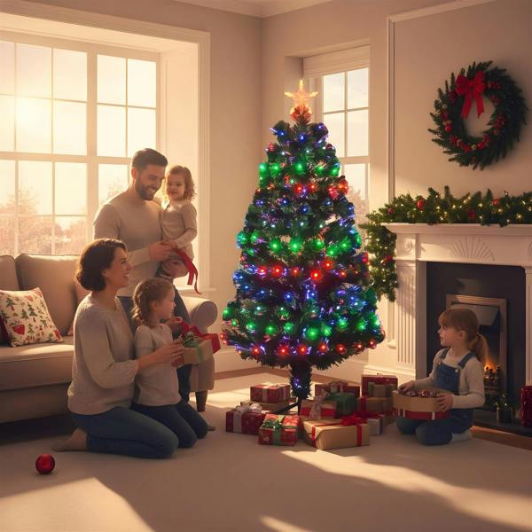 5ft Multicolour Fibre Optic Christmas Tree LED Pre-Lit with 8 Light Modes, PVC, Green Tips image 5