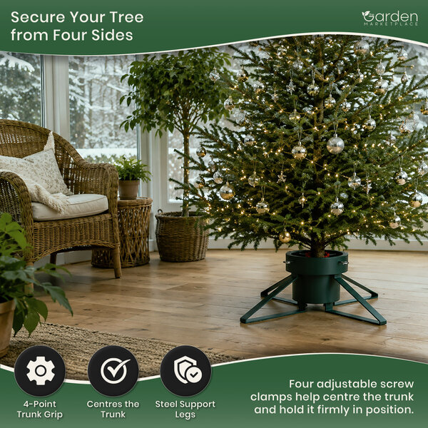 Green Christmas Tree Stand with 1.8L Water Tank, Fits Trees up to 2m, 4 Clamp Screws for 50-120mm Trunks, Steel Legs