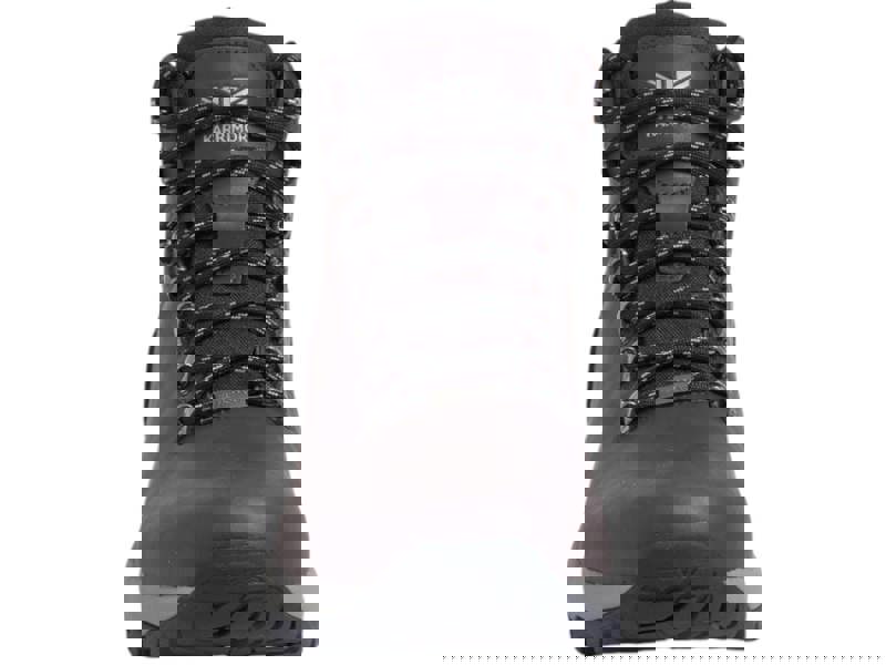 Karrimor Mendip 4 Mens Walking Hiking Lace Up Trek Leather Boots, front view of a brown leather hiking boot with black and white laces, rugged sole, and durable design for outdoor trekking.