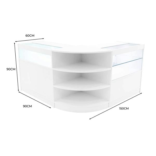Curved white LED shop counter set featuring glass display sections, shelves, and sleek modern design, ideal for retail spaces