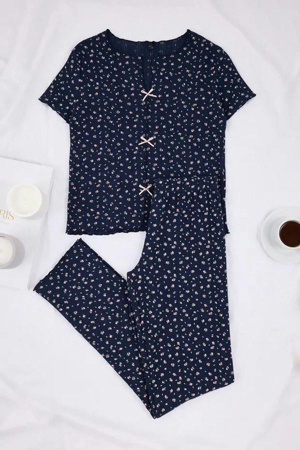 WOVCOR 2-Piece 100% Cotton Floral Ribbon Knit Pajama Set
