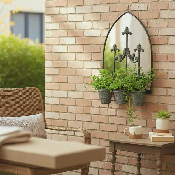 60cm RUSTY WALL MIRROR WITH TRIPLE PLANTER