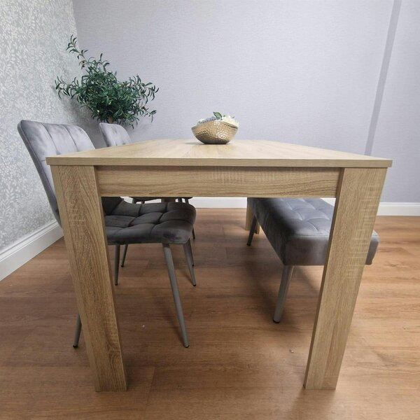 Kosy Koala Oak Effect Dining Table Set With 2 Grey Velvet Chairs And 1 Grey Bench Dining Room Furniture