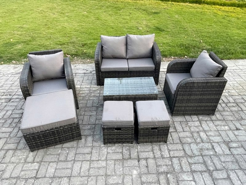 Fimous Wicker PE Rattan Outdoor Furniture Set Garden Love Sofa Coffee Table 2 Armchair 3 Footstools Dark Grey Mixed