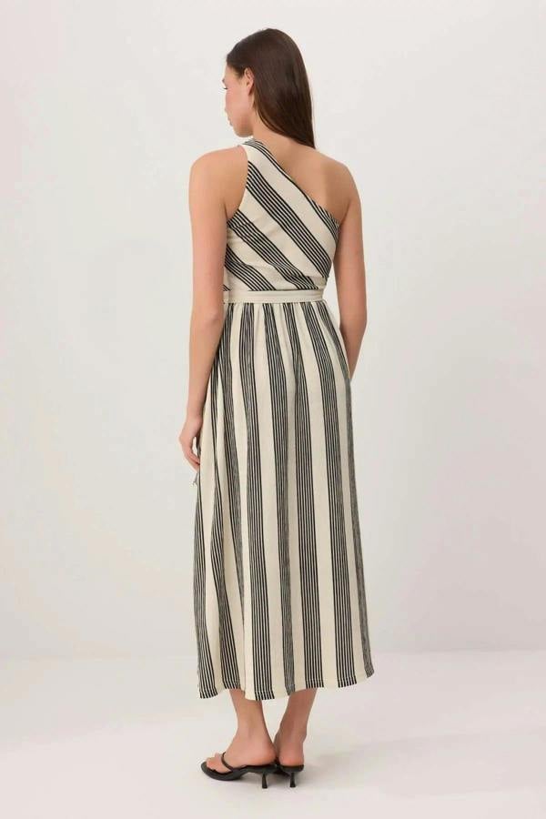 Striped Asymmetric Neckline One Sleeve A-Line Midi Dress