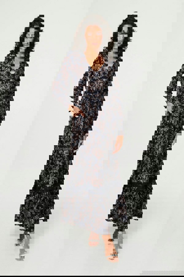 Navy | Floral Lace Long Sleeve Maxi Dress
