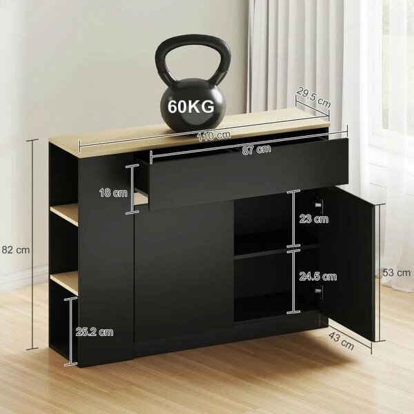 Kitchen Island, Storage Cabinet with Adjustable Shelf, 2 Drawers, 3 Open Shelves, Black