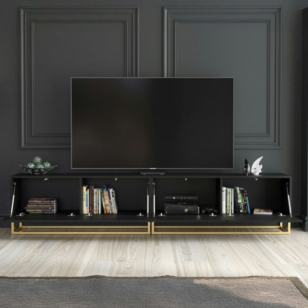 Mex Furniture Modular Black TV Unit with Gold Base 200cm – Fluted Fronts & Push-Down Doors