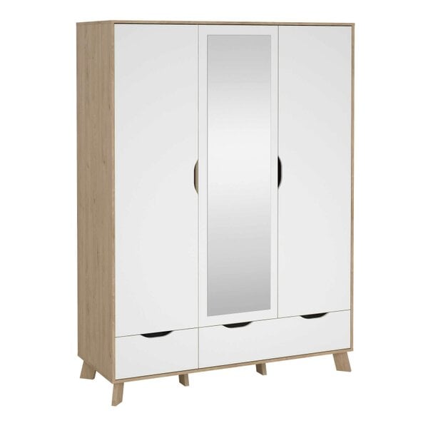 Wyld Haus Lira Jackson Hickory Oak Wood and White Wardrobe 3 Doors  2 Drawers with Mirror