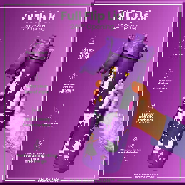 A purple water bottle, with a full flip lid and fairytale designs, is being held; the bottle's 240° opening is highlighted. The context is a purple background, showcasing product features.