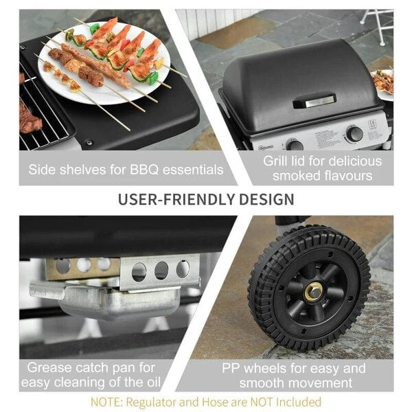 Bobobiy 2 Burner Gas BBQ Trolley with Lid, 5.6 kW Gas Barbecue Grill with Wheels, Side Shelves for Home Patio Garden Party Outdoor Cooking, Black