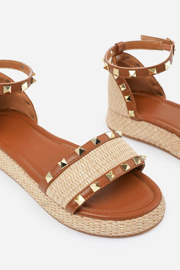 Where's That From Aviva Wide Fit Studded Gladiator Braided Strap Espadrille Flatform  in Tan Faux Leather