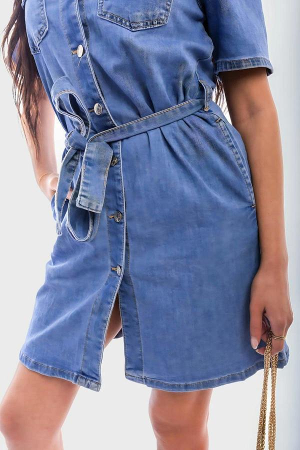Helen Collared Belted Button Down Denim Shirt Dress - Denim