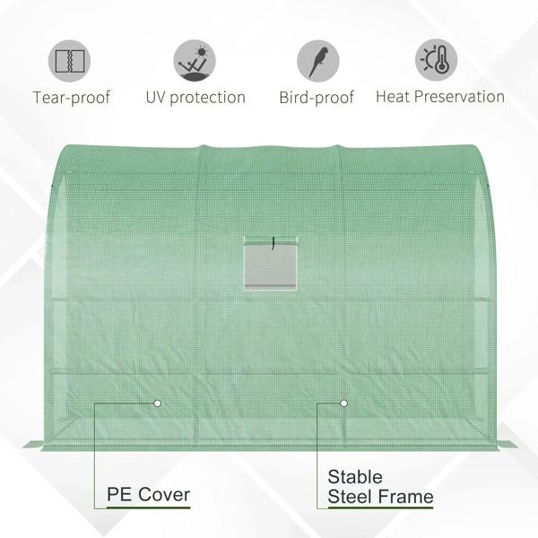 Green translucent greenhouse cover with center window panel and stable steel frame
