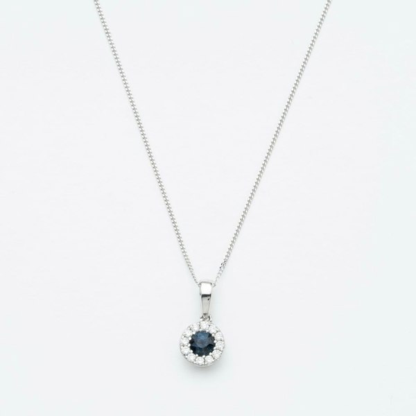 T. H. Baker 9ct White Gold 0.31ct Sapphire & 0.13ct Diamond Halo Pendant Necklace NTP409SD-9WG