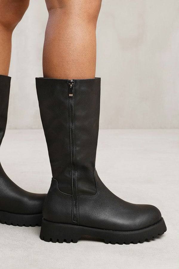 Where's That From Zelda Mid Calf Boot With Double Zip in Black Faux Leather