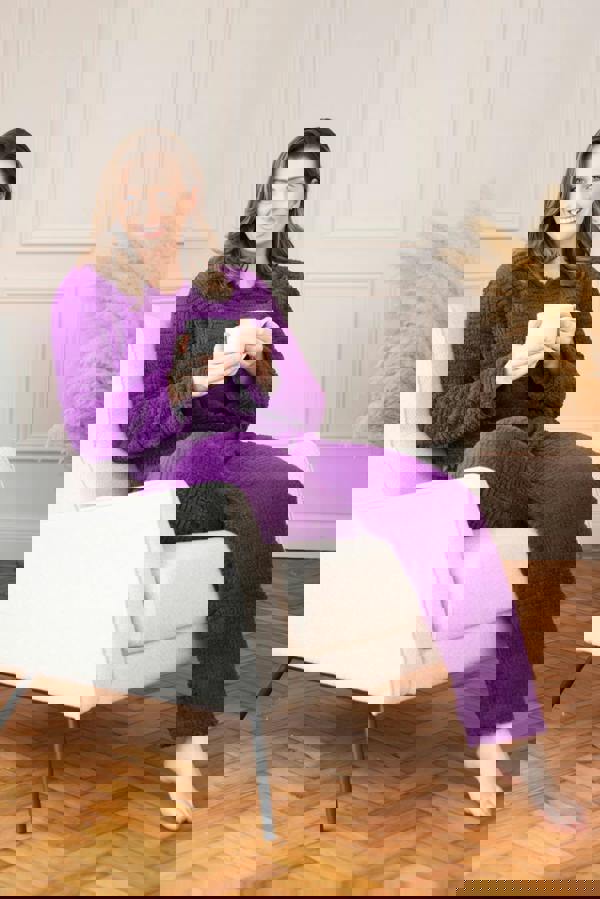 Camille Womens Purple Supersoft Fleece Textured Woven Pattern Pyjama Set