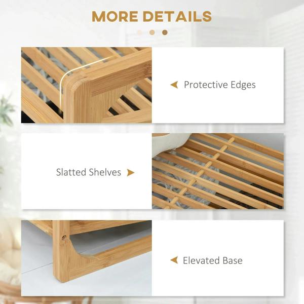 Bamboo shoe rack detail showing protective edge and slatted shelf design