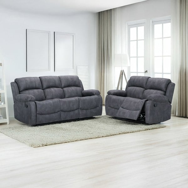 Furnishings For Less Alaska Full Fabric Reclining Sofa Suite 3 + 2 - Grey