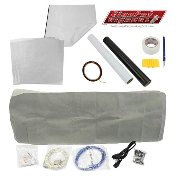PixMax 38cm Clam Heat Press and Vinyl Cutter accessories including transfer sheets, vinyl rolls, and application tools in a neat layout