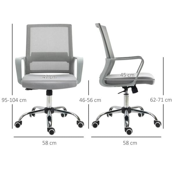 Grey ergonomic office chair with front and side views plus height dimensions and swivel casters