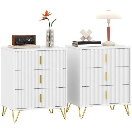 Wyld Haus Renina Set Of 2 Wooden White and Gold Tone 3 Drawer Elegant Storage Bedside Tables