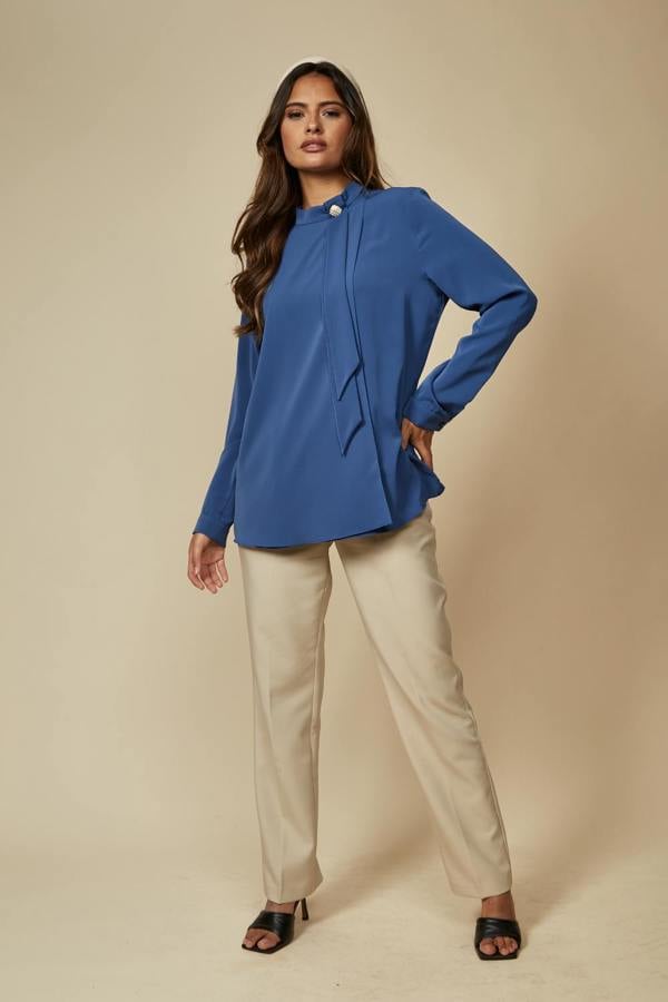 Hoxton Gal Oversized High Neck Top with Brooch Details in Blue