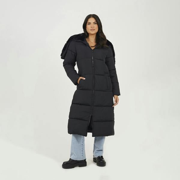 Brave Soul Black Maxi Padded Jacket With Split Hood - Black Image 1