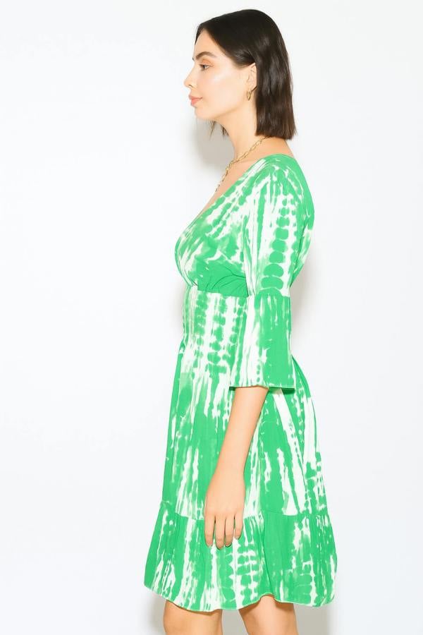 Hoxton Gal Relaxed Fit 3/4 Sleeves Shirred Waist Printed V Neck Mini Dress in Green and White