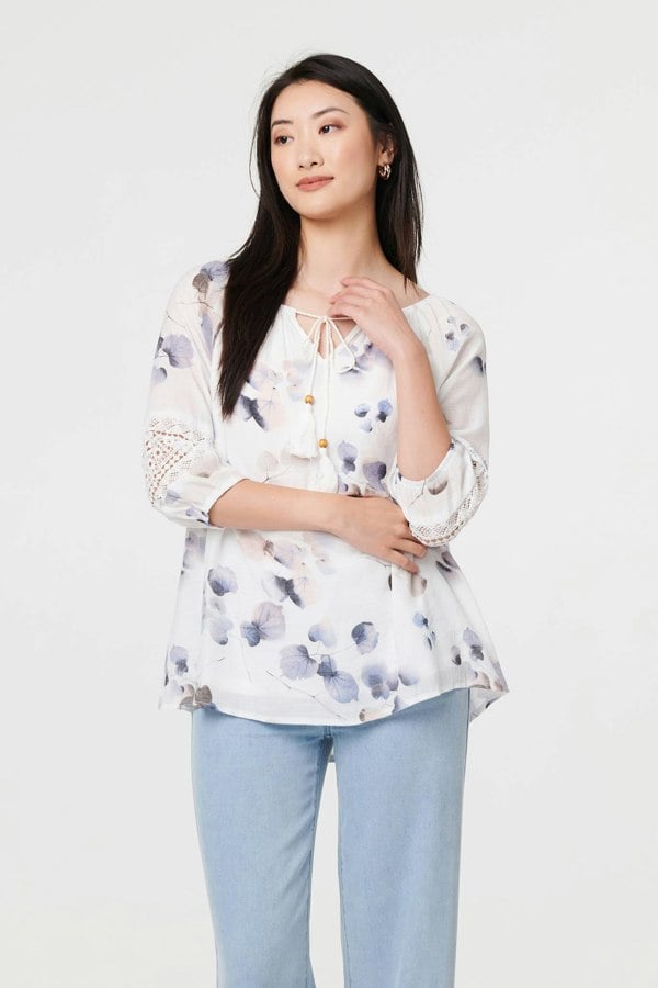 Blue | Printed Lace Trim Tie Neck Bardot Blouse
