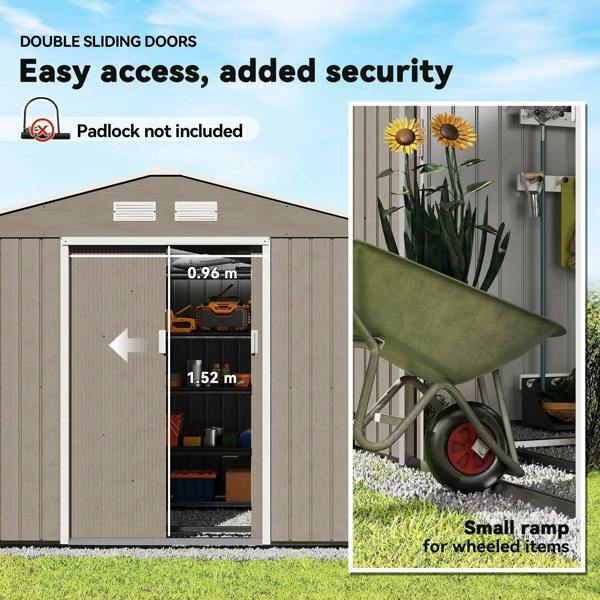 Brown metal garden shed with double sliding doors and wide interior access