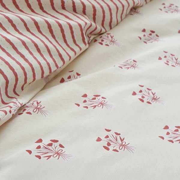 Emily Bond Hand Gathered Posy Cotton Reversible Duvet Cover Set Cream / Red