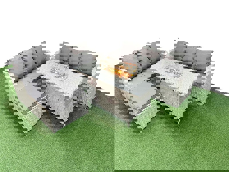 Fimous Outdoor Garden Furniture Sets 7 Seater Rattan Furniture Sofa Sets with Fire Pit Dining Table high Back Lounge Sofa Big Footstool Light Grey