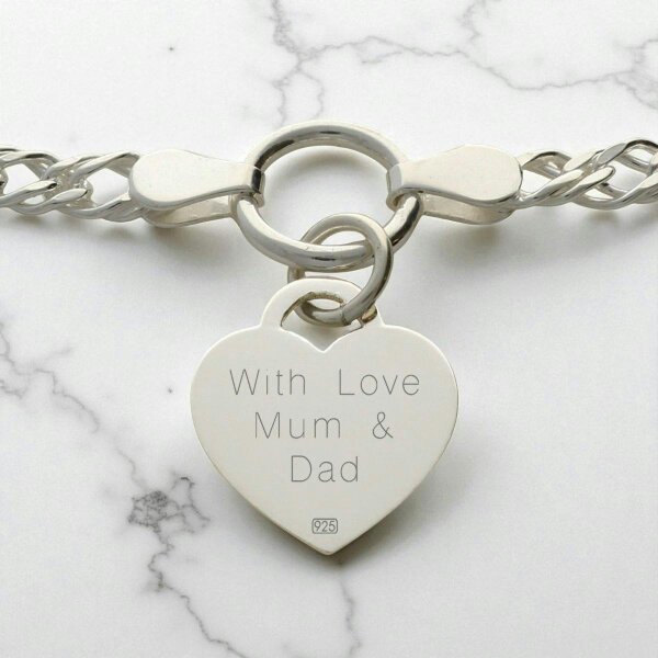 Christopher James of London Sterling Silver Ladies Heart on Fancy Double Curb Chain Bracelet With Optional Engraving