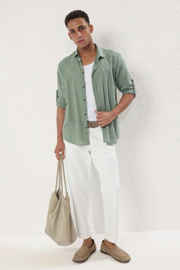 WOVCOR Linen Look Men’s Shirt with Epaulettes and Wrinkled Effect